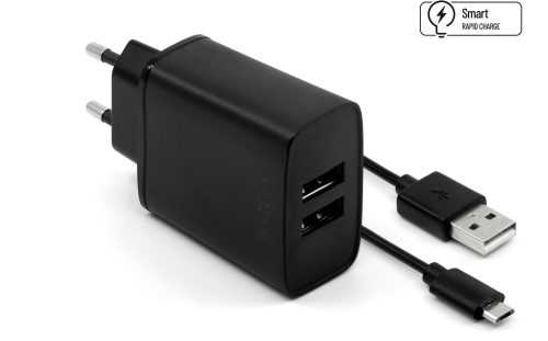 Hálózati adapter FIXED Smart Rapid Charge 15 W 2 x USB kiementtel és USB/micro USB kábellel 1 m fekete