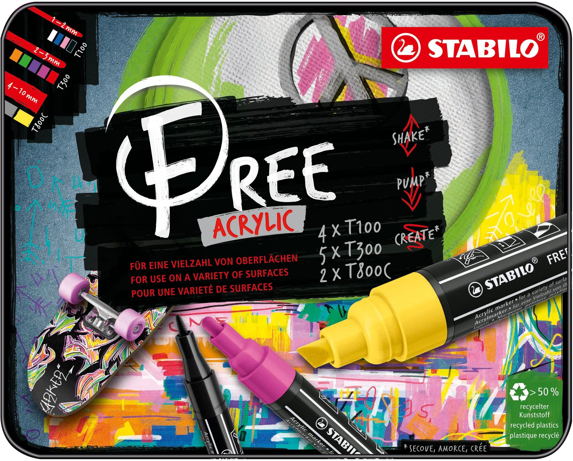 Marker STABILO FREE Acrylic alapkészlet - 11 szín a csomagban - 3 különböző heggyel 4x T100