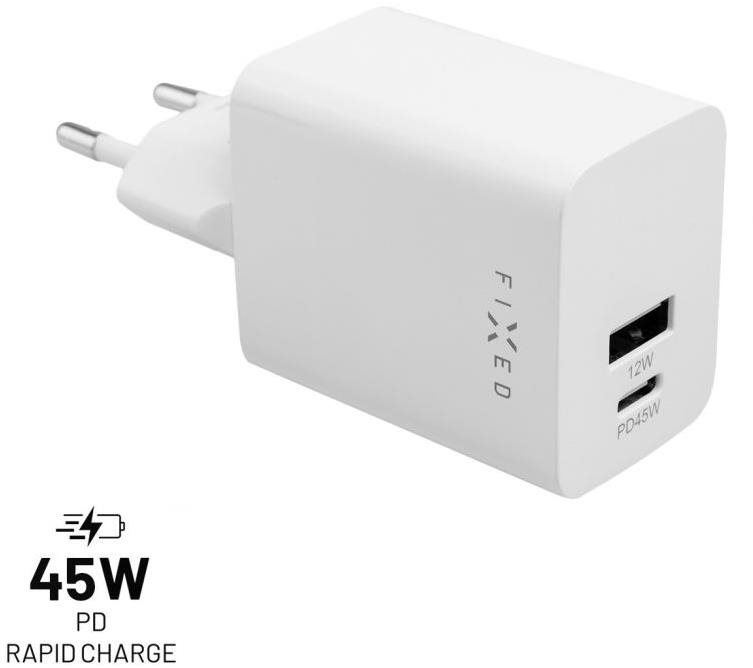 Töltő adapter FIXED PD Rapid Charge Mini USB-C és USB kimenettel 45 W fehér